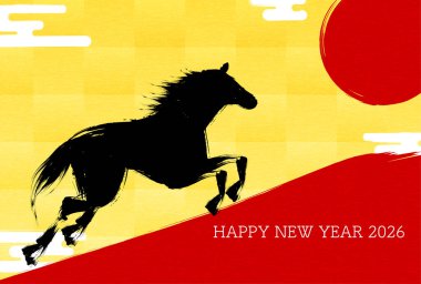 2026 At Yılbaşı Kartı: Fırça boyalı bir at gün doğumuna doğru dörtnala koşuyor ve Fuji Dağı 'nın silueti kırmızı, Vektör Resimleri
