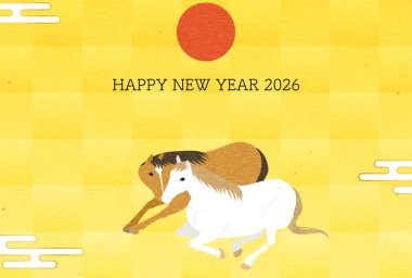 2026 At Yılbaşı Kartı: Kafaları Birarada İki At ve İlk Gün Doğumu, Vektör İllüstrasyonu