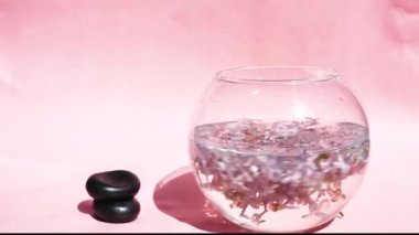 Pembe arka planda leylak çiçekli vazo