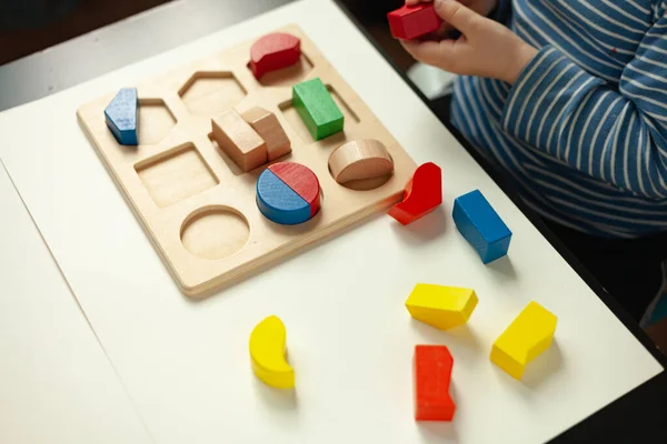 Eğitici oyuncaklar, bilişsel yetenekler, Montessori aktiviteleri. Yakın plan: Renkleri, şekli, sıralamayı öğrenen renkli ahşap duyusal bloklara göre düzenleyen küçük bir Montessori çocuğunun elleri.
