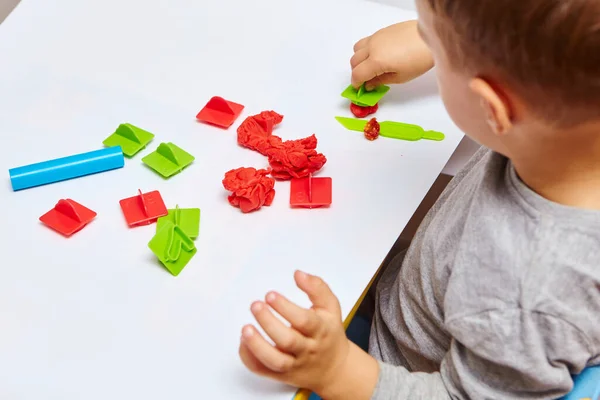 Boy Playing His Room Young Child Playing Play Doh Play — Stock Photo, Image