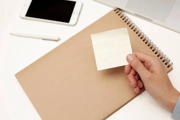 Office Worker Holds Empty Sticker His Hands Empty Space Text — Stock Photo, Image