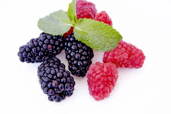 Raspberry Blackberry Mint Isolated White Background Vegan Food Detox Concept Stock Photo