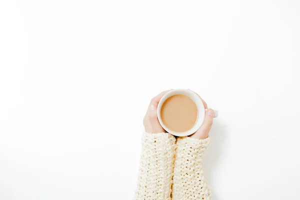 Female Hands Holding Cups Coffee White Table Background — Stock Photo, Image