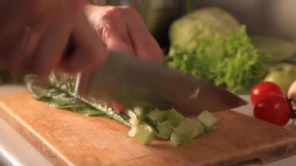 做沙拉的过程 雌性手密切合作切生菜 适当营养 饮食和健康生活方式的概念 高质量的镜头 — 图库视频影像