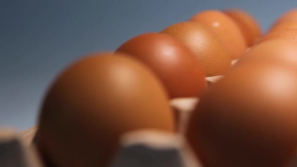 Hühnerei-Verpackung auf blauem Hintergrund. — Stockvideo