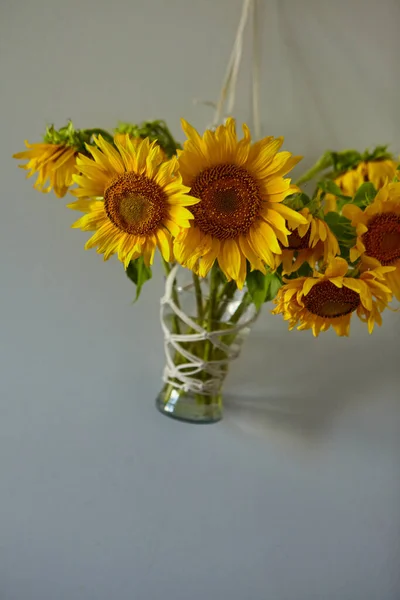 A bouquet of beautiful sunflowers in a vase. Flowers hang on the wall in a macrame vase