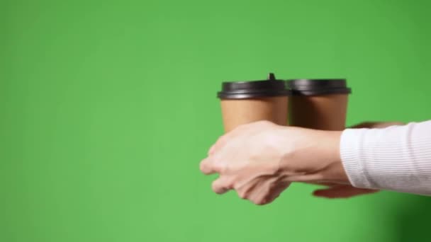 Hands Holding Two Cups Brown Paper Black Lid Two Coffee — Stock Video