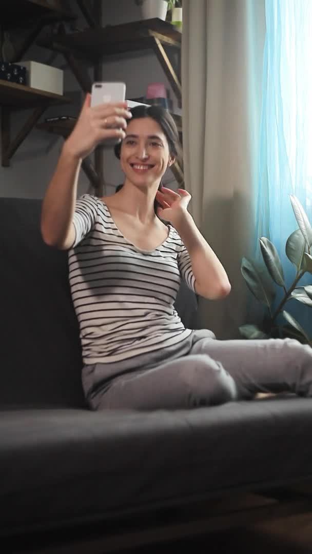 Young Pretty Woman Taking Selfie Photo Cellphone Sitting Couch Home — Stock Video