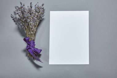 Beyaz kağıt kaplamalı lavanta çiçekleri gri arka planda. Beyaz kağıt boş, gri masada kurumuş çiçekler. Davetiye kartı mockup.Düz konum, üst görünüm, kopyalama alanı, maket