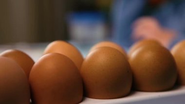 Küçük bir çocuk masaya mavi bir arka plan üzerine paskalya yumurtası çiziyor. Küçük çocuk evde boyalı Paskalya yumurtalarını boyuyor. Çocukların Paskalya yaratıcılığı. Paskalya yumurtalarını bir çocuk süslüyor..