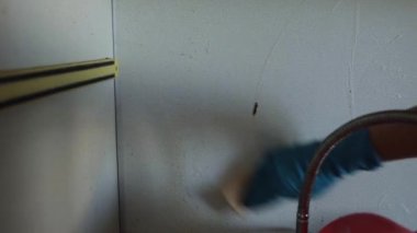 Mutfağı temizliyorum. Eldivenli bir kadın kirli bir yüzeyi siliyor. Güzel bir kadın ev ödevini bez ve sünger kullanarak yapar.