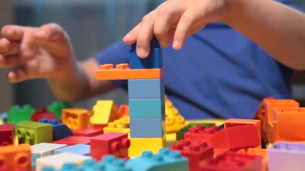 Beautiful Boy Playing Home Building Blocks Cute Smiling Boy Playing — Stock Video