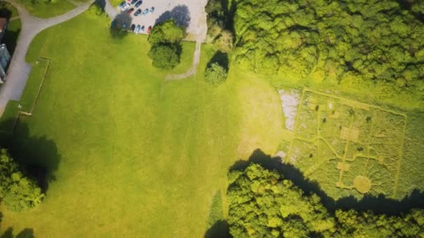 Uitzicht vanuit de lucht op het kasteel omringd door weilanden en bossen — Stockvideo