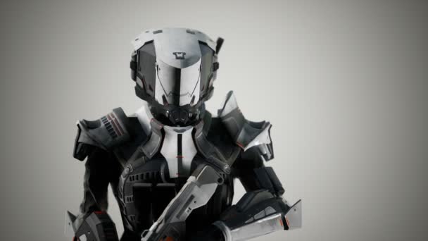 Futuristic soldier in steel armor with the cyber punk gun — Stock Video