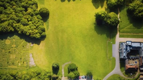 Uitzicht vanuit de lucht op het kasteel omringd door weilanden en bossen — Stockvideo