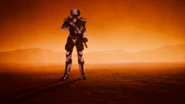 Futuristischer Soldat bei Sandsturm in der Wüste — Stockvideo