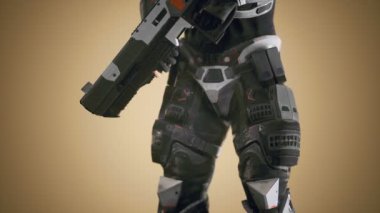 Siber punk silahlı, çelik zırhlı gelecekteki asker.