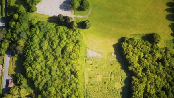 Вид з повітря на замок в оточенні луків і лісів — стокове відео
