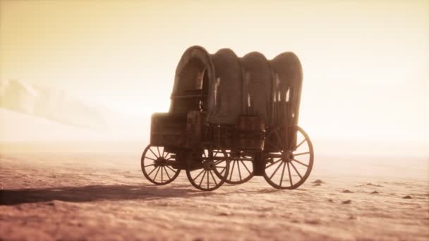 Lienzo cubierto carro retro en el desierto al atardecer — Vídeos de Stock