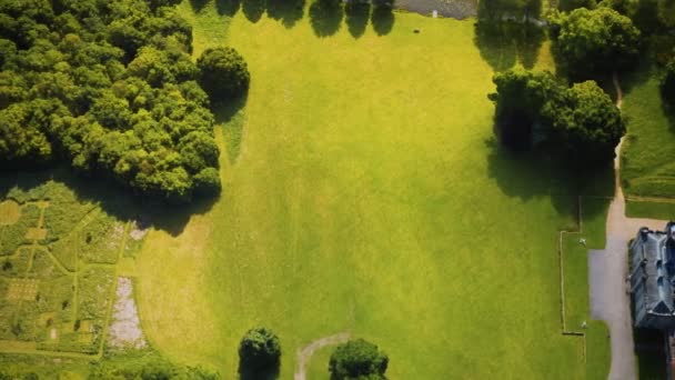 Uitzicht vanuit de lucht op het kasteel omringd door weilanden en bossen — Stockvideo