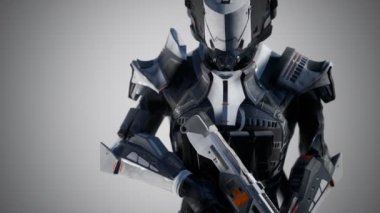 Siber punk silahlı, çelik zırhlı gelecekteki asker.