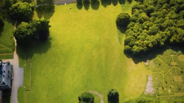 Uitzicht vanuit de lucht op het kasteel omringd door weilanden en bossen — Stockvideo