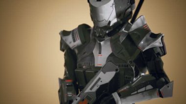 Siber punk silahlı, çelik zırhlı gelecekteki asker.