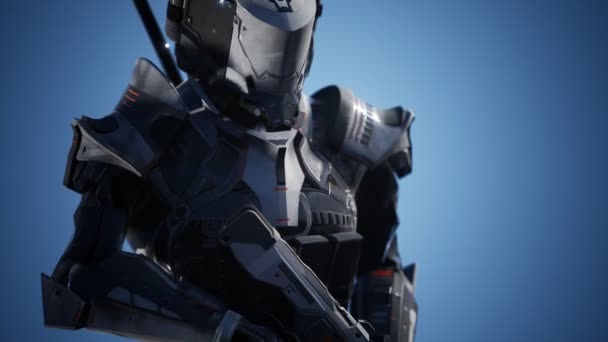 Futuristic soldier in steel armor with the cyber punk gun — Stock Video