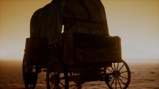 Tela coberta vagão retro no deserto ao pôr do sol — Vídeo de Stock