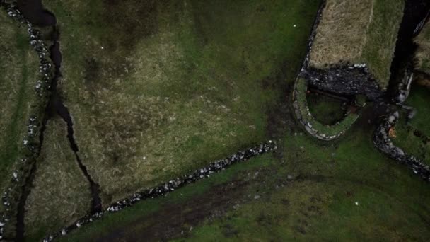 Casa histórica de piedra con techo de césped en las Islas Feroe — Vídeo de stock