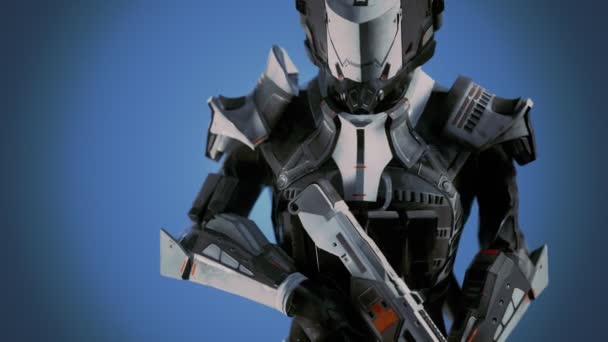 Futuristic soldier in steel armor with the cyber punk gun — Stock Video