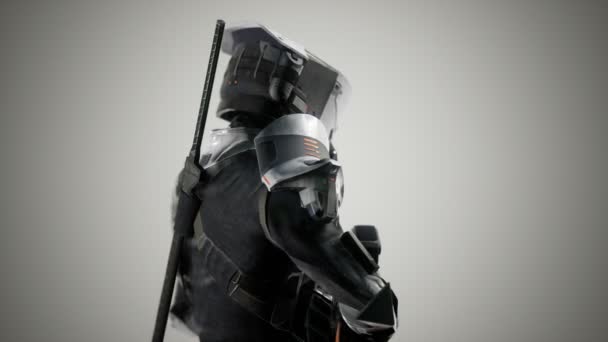 Soldado futurista em armadura de aço com a arma punk cibernética — Vídeo de Stock