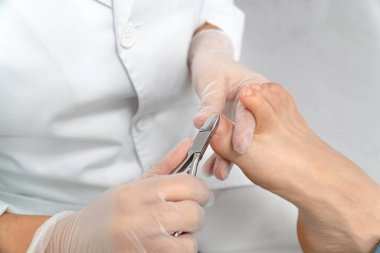 Close up of a chiropodist's hands doing chiropody in her podiatry clinic. The chiropodist is cutting the patient's nails with specialized scissors clipart