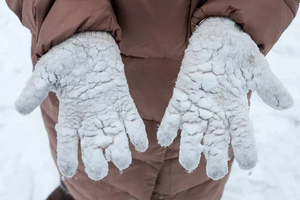 Verschneiten Handschuhen Hautnah Dabei — Stockfoto