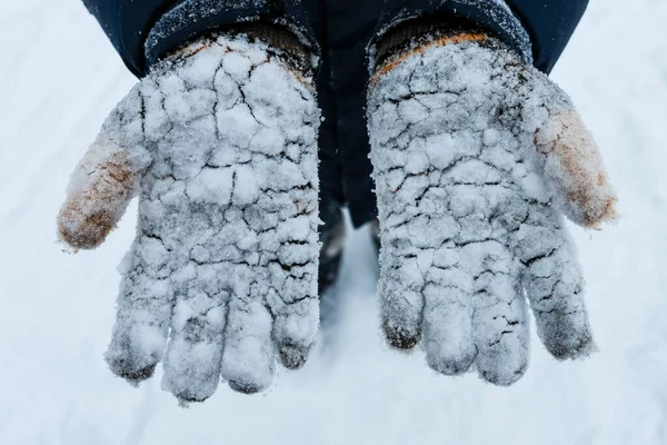 Verschneiten Handschuhen Hautnah Dabei — Stockfoto