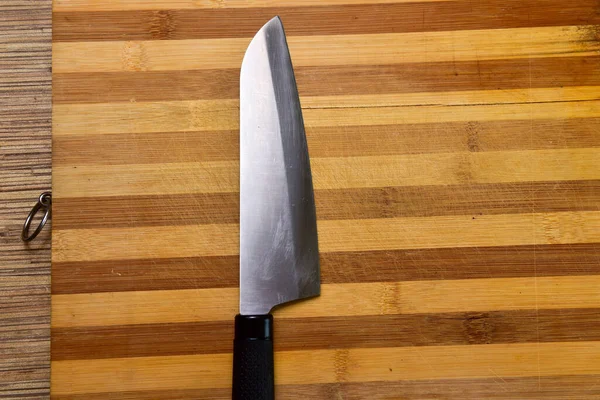 Tagliere Coltello Cucina Sfondo Legno Vista Dall Alto — Foto Stock