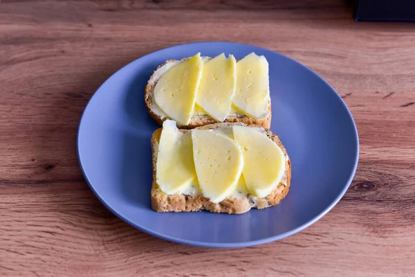 Two Sandwiches Cheese Lie Plate Close Photo — Stock Photo, Image