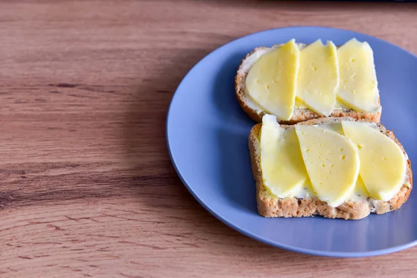 Two Sandwiches Cheese Lie Plate Close Photo Copy Space — Stock Photo, Image