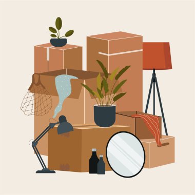 Taşınmak için izole edilmiş karton kutular. 