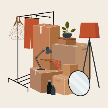 Taşınmak için izole edilmiş karton kutular. 