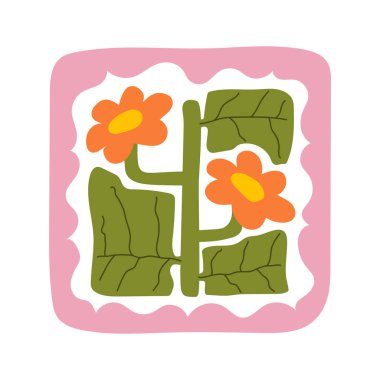 Mavi ve turuncu çiçek yaprakları ve yeşil yapraklı soyut renkli çiçek tasarımı. El yapımı modern botanik kompozisyonu. Tekstil, el sanatları, dijital sanat, duvar dekorasyonu ve baskı projeleri için mükemmel.