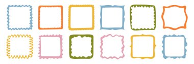 Renkli el yapımı kare çerçeveler koleksiyonu. Koleksiyon defteri, tebrik kartları, davetiyeler, fotoğraf albümleri, etiketler, posterler ve yaratıcı tasarım projeleri için vektör dekoratif sınırlar. 