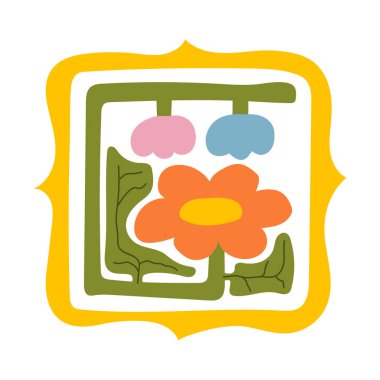 Dekoratif kare çerçeveli dairesel detaylarla el çizimi renkli çiçek unsurları. Soyut çiçek yaprakları ve yaprak tasarımı. Albüm, el sanatları, tekstil tasarımı, dijital sanat ve dekor için mükemmel..