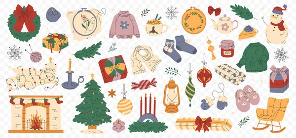 Dekoratif noel element vektör çizimi seti. Yılbaşı ağacı koleksiyonu. Etiket, kart, poster, davet, selamlama için tasarım.