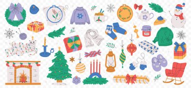 Samimi el çizimi düz Noel ve yeni yıl seti. Geleneksel kış öğeleri ve dekorasyonlar Noel ağacı, çelenk, mumlar, giysiler ve diğer şeyler. Kart, çıkartma, yazdırma için bayram simgeleri