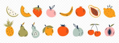 Meyve toplama düz el çizilmiş tarzı, çizimler ayarlayın. Tropikal meyve ve grafik tasarım öğeleri. Malzemeler renk cliparts. Sketch tarzı smoothie veya meyve suyu malzemeler.