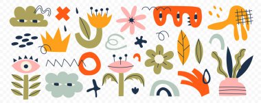 İzole edilmiş beyaz arka planda modaya uygun karalama şekilleri ve soyut doğa simgeleri. Büyük koleksiyon, serbest ve çocuksu çizgi film tarzında moda öğeleri. Çiçek sanatı, şekiller, tropikal meyveler....