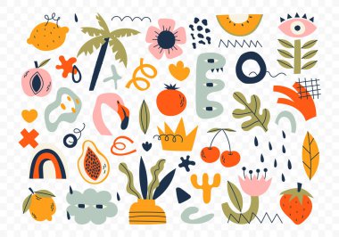 İzole edilmiş beyaz arka planda modaya uygun karalama şekilleri ve soyut doğa simgeleri. Büyük koleksiyon, serbest ve çocuksu çizgi film tarzında moda öğeleri. Çiçek sanatı, şekiller, tropikal meyveler....