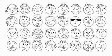 Çeşit çeşit duyguları olan yuvarlak soyut komik yüzler. Boya kalemi çizimi. Farklı renkli karakterler. Çizgi film tarzı. Düz dizayn. El çizimi moda Vektör çizimi. Her yüz izole edilmiş.